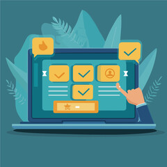 Business people or customers show satisfaction through the application on the laptop screen. By giving the most or the best satisfaction rating.Customer service satisfaction survey concept