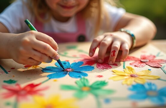Close-up view child hands drawing flower with blue marker. Kid creates colorful art at summer camp or kindergarten. Learning about nature through creativity, eco-friendly craft concept.