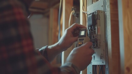 Electrician testing electrical wiring in a new home. Featuring electrical inspection and home construction