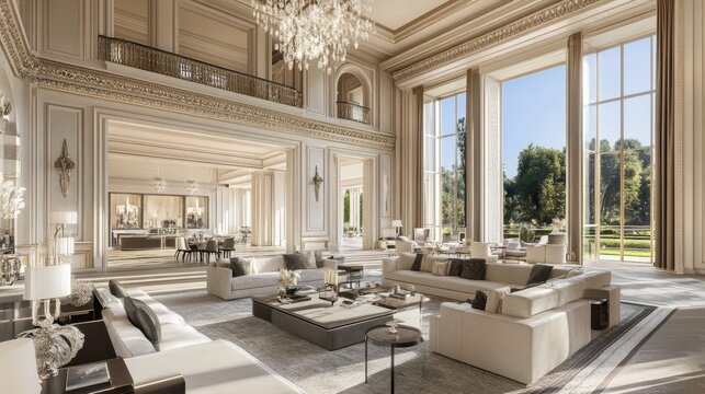 Luxurious, grand living room in a palatial estate.