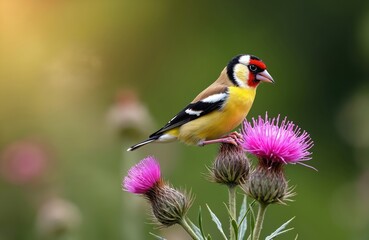 Obraz premium European goldfinch bird sitting on thistle flower. Colourful bird with red face, yellow and black wings. Wildlife, birdwatching, spring season, fauna, natural environment.