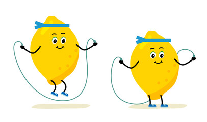 Jump Rope, Cute Lemon. The concept of gym, health, fitness, yoga and meditation with Lemon from the cartoon. Vector illustration.