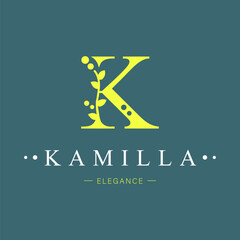Logo, capital letter K. Monogram of Botanical Minimalistic, Initial. with Organic Plant Elements.  Vector design. for beauty salon or art studio.