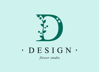 Logo, capital letter D. Monogram of Botanical Minimalistic, Initial. with Organic Plant Elements. Vector design. for tattoo studio