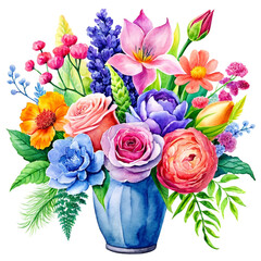 Obraz premium Watercolor-style digital illustration of a vibrant floral bouquet in a blue vase, featuring pink lilies, roses, and peonies, surrounded by assorted greenery and flowers.