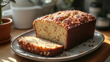 Freshly Baked Loaf Cake with Nuts and Powdered Sugar Served on a Plate Perfect for Dessert or