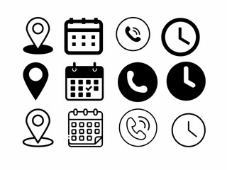 set of calendar, location, time and phone call icons isolated on white background.