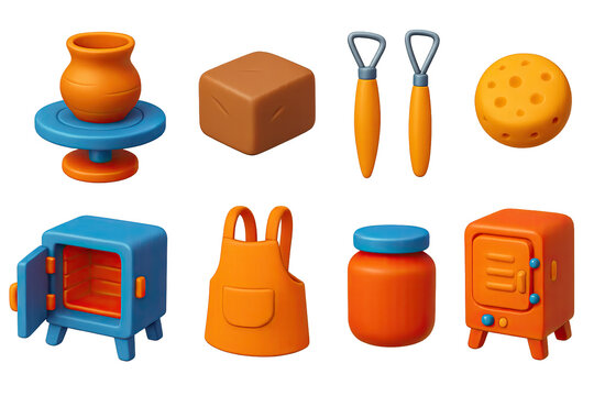 3d pottery icons set: tools, clay, apron, and more for creative design projects