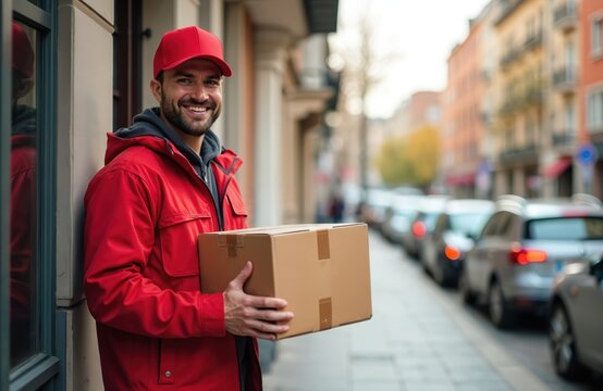 Smiling delivery man in red uniform holds parcel box, stands at door on city street. Courier carries cardboard package for express shipping, postal service, online shopping. Courier smiling, happy,