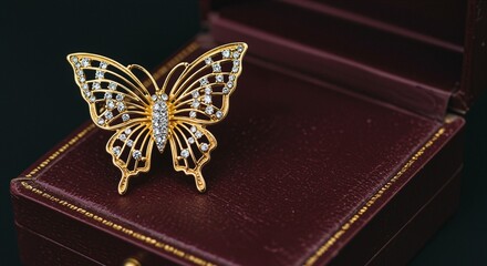 Elegant golden butterfly brooch adorned with sparkling rhinestones, placed atop a luxurious burgundy jewelry box, exuding sophistication and charm