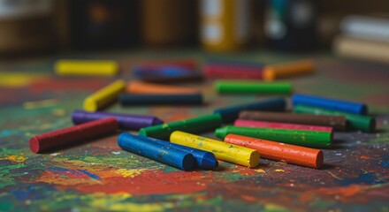 Colorful chalk pieces scattered on a vibrant, textured surface, showcasing artistic creativity and inspiration