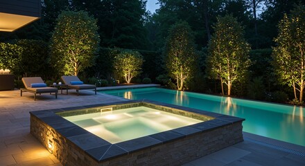 Luxurious outdoor pool and spa area beautifully illuminated at night, surrounded by lush greenery and elegant lounge chairs