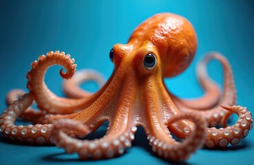 Vibrant orange octopus on blue background. Macro shot intricate details of sea creature. Exotic marine animal, underwater ocean world theme. Oceanic life, wildlife. Copy space available for culinary