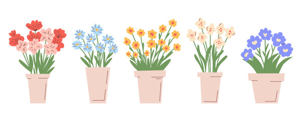 Set of cute potted flowers vector illustration. Spring floral collection in simple, flat hand drawn style. Perfect for decoration, cards, stickers. Bright and cheerful botanical elements.