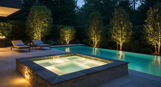 Luxurious outdoor pool and spa area beautifully illuminated at night, surrounded by lush greenery and elegant lounge chairs