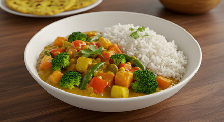 Delicious vegetarian curry with rice and flatbread healthy balanced meal