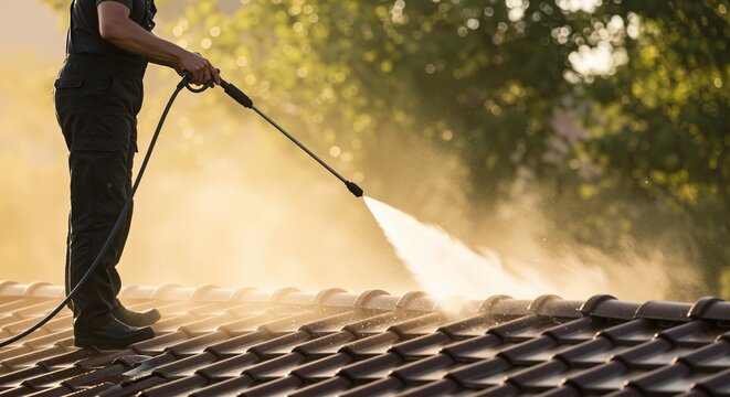 Man cleaning roof tiles with pressure washer, creating mist in warm sunlight, surrounded by green foliage and soft bokeh background