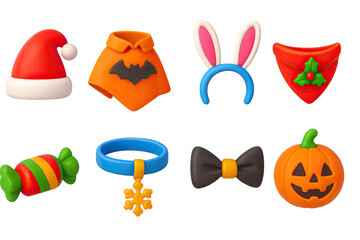 3D icon set of holiday pet gear: Santa hat, Halloween costume, bunny ears, themed bandana, festive treat, snowflake collar, New Year bowtie, pumpkin toy. 3d icon. icons set of 3d style in a modern
