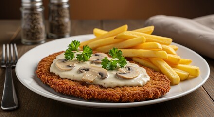 Delicious plate of crispy fried schnitzel topped with creamy mushroom sauce, garnished with parsley and served alongside golden French fries