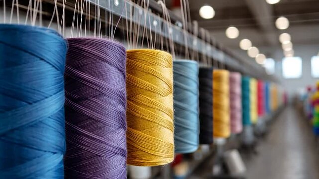 Colorful spools of thread hanging in a textile workshop with soft lighting and blurred background