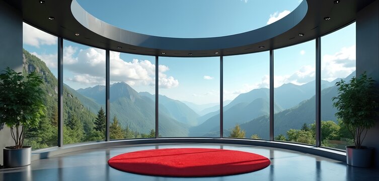Modern virtual studio TV show background suitable for live events, TV news shows. 3D rendered backdrop for VR tracking systems, green screen. Red carpet and large windows with mountains view.