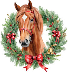 Watercolor Horse with Christmas Wreath on Isolated White Background. Vector Illustration. The Symbol of the 2026 New Year.