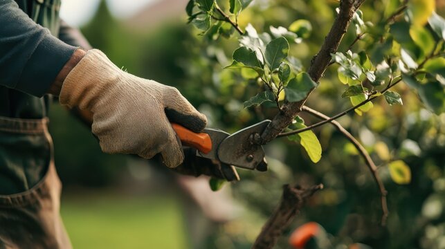 Gardener pruning a tree in a residential yard. Featuring tree care and garden maintenance
