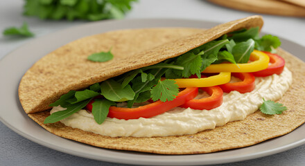 Delicious Vegetarian Wrap With Hummus Arugula And Bell Pepper