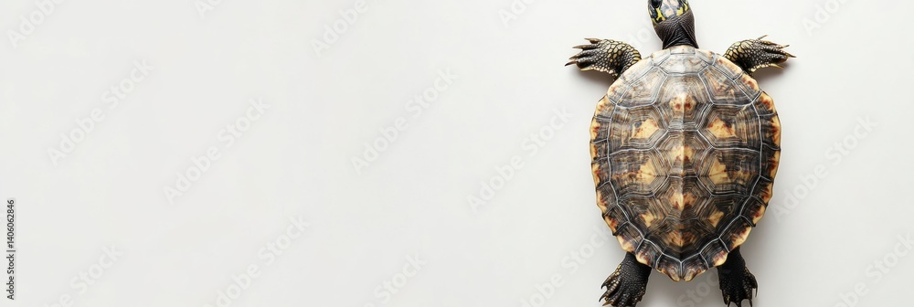 Poster Top-down view of a turtle with patterned shell on minimalistic white background showcasing its unique design and natural beauty