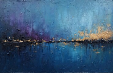 Naklejka premium Abstract oil painting texture on canvas. Art piece with shades of blue, gold, and black. Rough textured brushstrokes and palette knife work for interior design, home decor and artistic concepts.