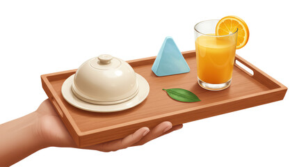 Isolated breakfast tray with juice, dish and pyramid
