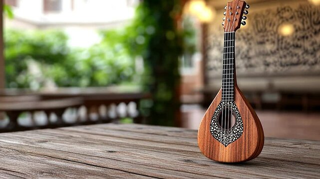 A beautifully crafted wooden mandolin placed on a rustic table in a serene indoor garden setting