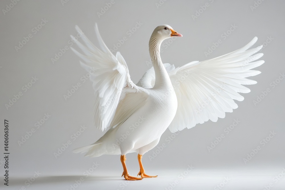 Poster white goose flapping wings while standing on one foot in a bright studio setting during midday