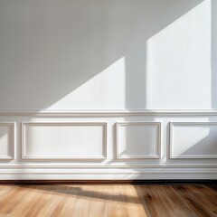 Blank white painted wall with elegant classic paneling, realistic empty home apartment interior, wall mockup for wallpaper or artwork placement
