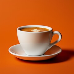 Obraz premium Coffee Cup Serenity: A ceramic coffee cup, brimming with aromatic coffee, elegantly rests on a matching saucer against a vibrant orange backdrop. Capturing the inviting warmth and simple pleasure.