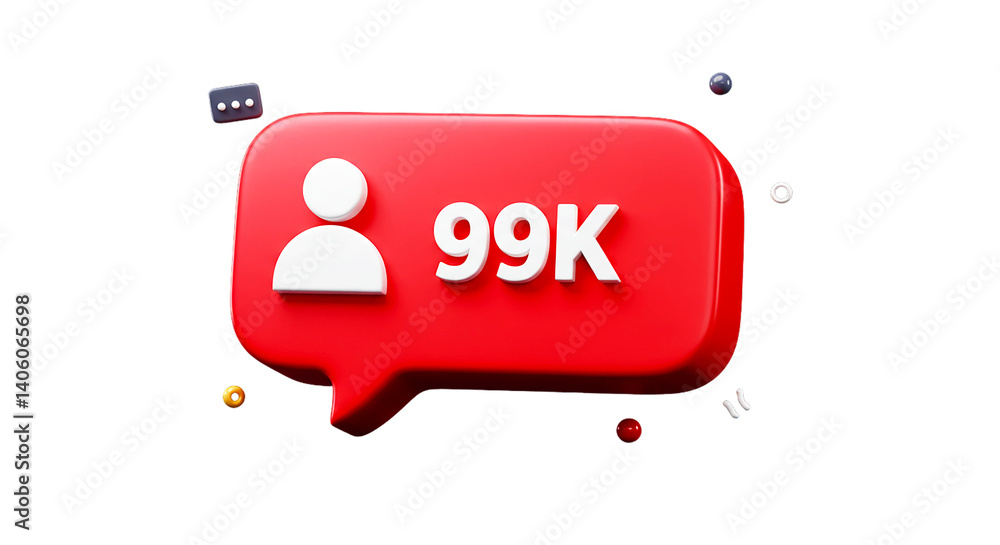 Poster a red notification bubble with a person icon and the text 99k on a black background digitally render