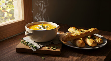 Cozy Autumn Meal With Pumpkin Soup And Rosemary Breadsticks