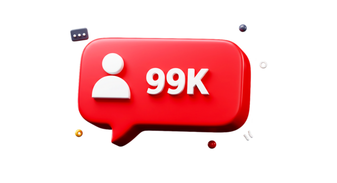 A red notification bubble with a person icon and the text 99k on a black background digitally rendered