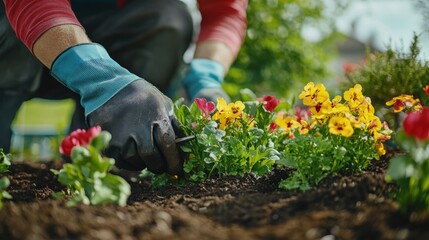 Fototapeta premium Landscaper planting flowers in a newly designed garden. Featuring gardening and landscape design