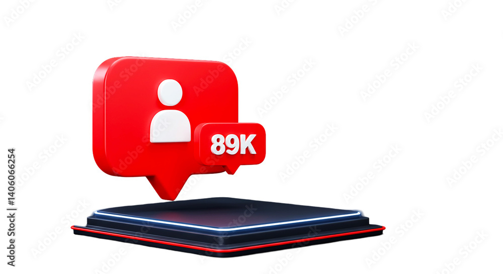 Poster a red speech bubble with a person icon and a smaller bubble with 89k on a platform on black