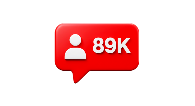 A red social media notification icon showing eighty nine thousand followers isolated on a black background