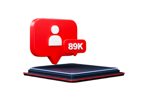 A red speech bubble with a person icon and a smaller bubble with 89k on a platform on black