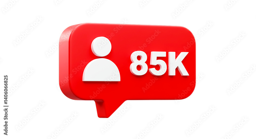 Poster a red notification box with a white user icon and the text 85k on a black isolated background