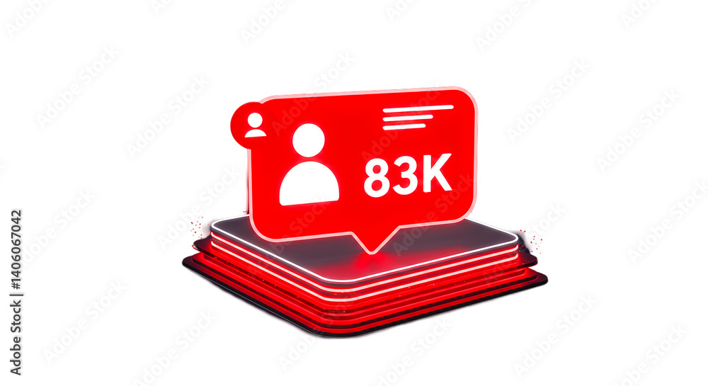 Poster a red notification icon with a person icon and eighty three k on a red and white platform on black
