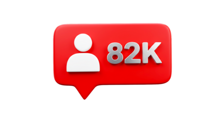A red notification icon showing eighty two thousand followers on a black background in three d render