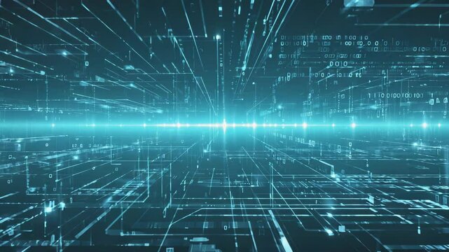 Visualization of a neural network with glowing data lines in motion.