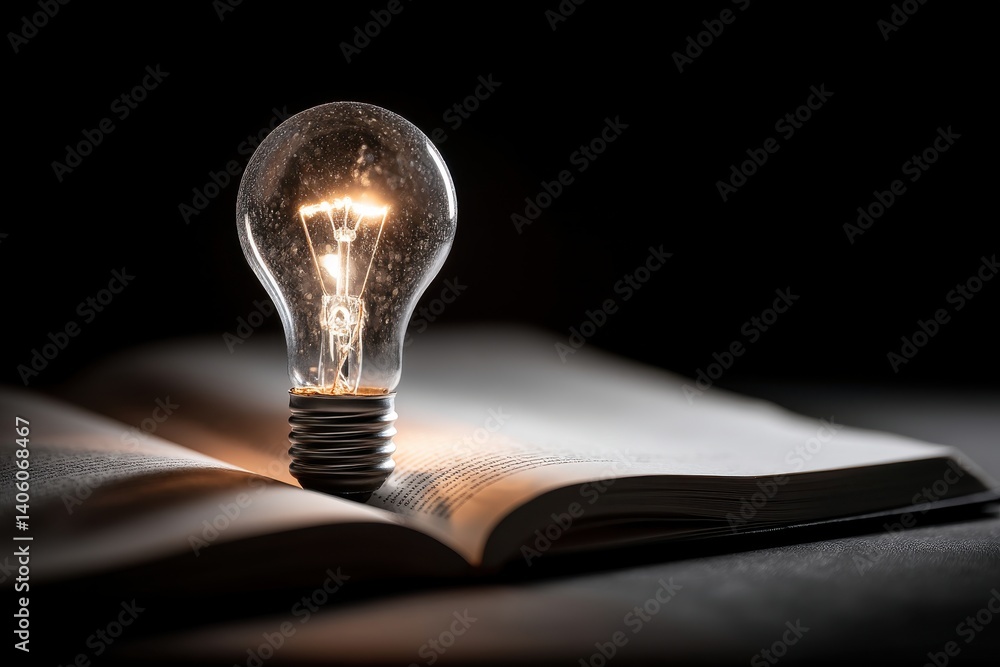 Poster illuminating knowledge: a glowing light bulb perched on an open book, symbolizing the spark of inspi