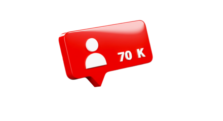 A red notification bubble with a white user icon and the text seventy k on a black background
