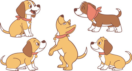 Fototapeta premium Cute Cartoon Dog Breeds Vector Set - Colorful Flat Animal Illustrations for Kids, Posters, and Pet Designs.eps