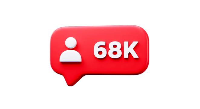 A red speech bubble with a white user icon and the text sixty eight k on a black background render